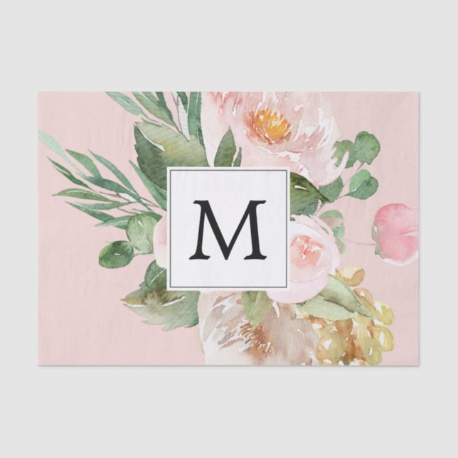 Modern Watercolor Pink Flowers Monogrammed  Tissue Paper (Front)