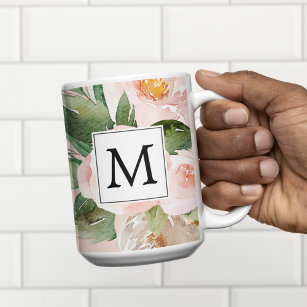 Modern Watercolor Pink Flowers Monogrammed  Two-Tone Coffee Mug