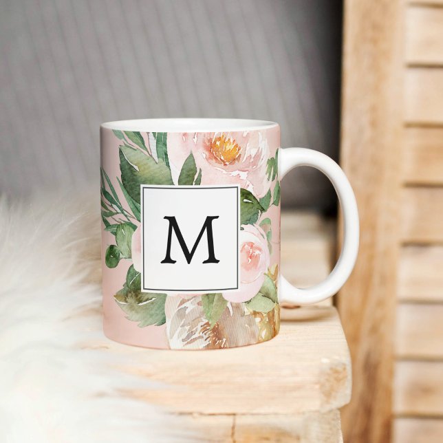 Modern Watercolor Pink Flowers Monogrammed  Two-Tone Coffee Mug (Creator Uploaded)