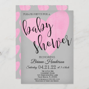 Modern Watercolor Pink Heart Girl Baby Shower Invitation