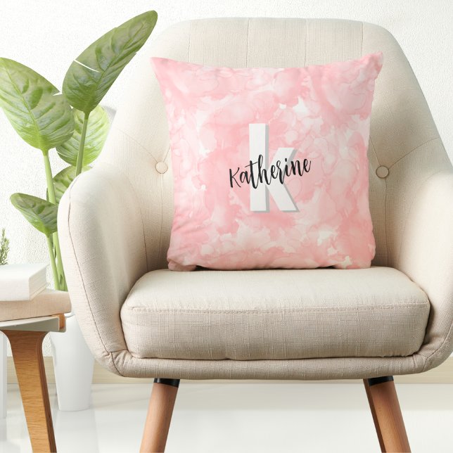 Modern Watercolor Pink Monogram Cushion (Modern Girly Watercolor Pink Monogram Throw Pillow)