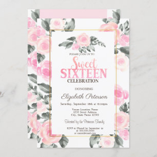 Modern Watercolor Pink Roses Sweet 16 Invitation