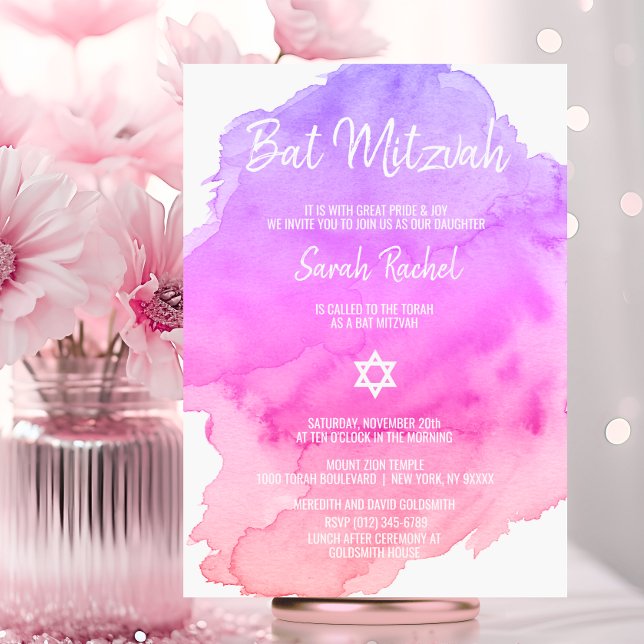 Modern Watercolor Pink Star BAT MITZVAH Invitation (Modern Watercolor Pink Star BAT MITZVAH Invitation)