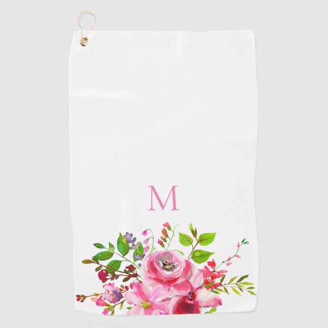 Modern Watercolor Pink Summer Floral Monogram Golf Towel (Front)