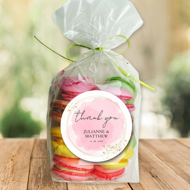 Modern Watercolor Pink Thank You Wedding Classic Round Sticker (Creator Uploaded)