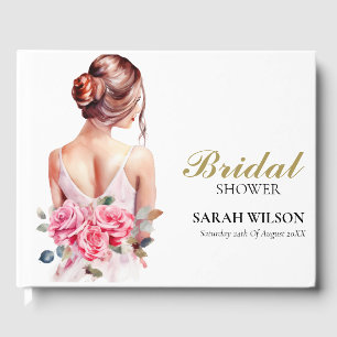 Modern Watercolor Pink Wedding Gown Bridal Shower Guest Book