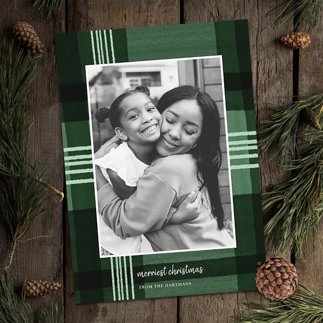 Modern Watercolor Plaid Green Christmas Photo   Holiday Card (Creator Uploaded)