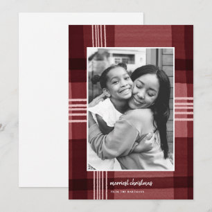 Modern Watercolor Plaid Red Christmas Photo   Holiday Card