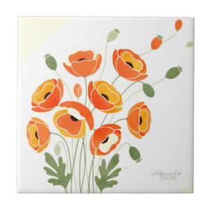 Modern Watercolor Poppies Ceramic Tile
