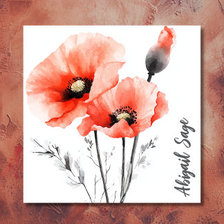 Modern Watercolor Poppy Floral Square Business Card
