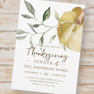 Modern Watercolor Pumpkin Thanksgiving Dinner Invitation