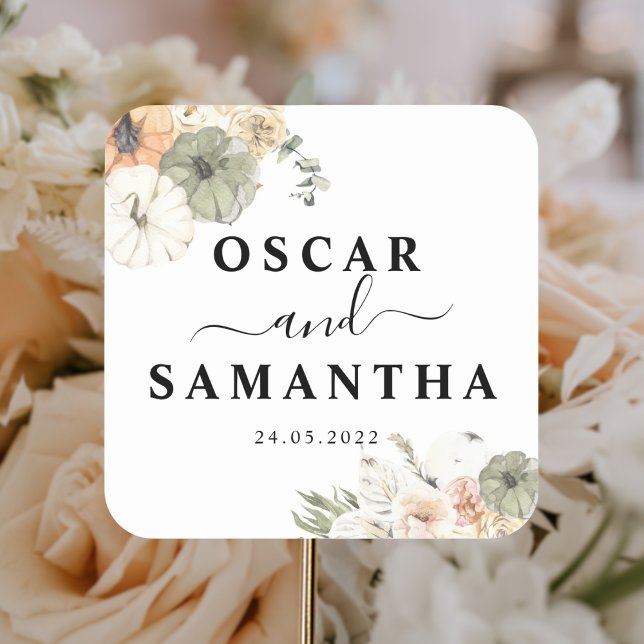 Modern Watercolor Pumpkins & Flowers  Square Sticker (Creator Uploaded)