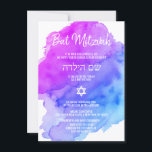 Modern Watercolor Purple Blue Star BAT MITZVAH Inv Invitation<br><div class="desc">Beautiful religious Jewish Bat Mitzvah invitation cards.  Light watercolor pastel purple,  violet,  blue,  turquoise with star of David in white.  Modern script letters. 'Is called to the TORAH as a Bar Mitzvah'. Perfect for 12 year old daughter,  girl. Easy to edit - just add your information / text.</div>