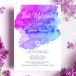 Modern Watercolor Purple Blue Star BAT MITZVAH Invitation<br><div class="desc">Beautiful religious Jewish Bat Mitzvah invitation cards.  Light watercolor pastel purple,  violet,  blue,  turquoise with star of David in white.  Modern script letters. 'Is called to the TORAH as a Bar Mitzvah'. Perfect for 12 year old daughter,  girl. Easy to edit - just add your information / text.</div>