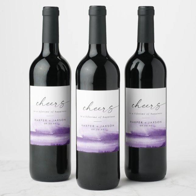 Modern Watercolor | Purple Cheers Wedding Wine Label (Bottles)