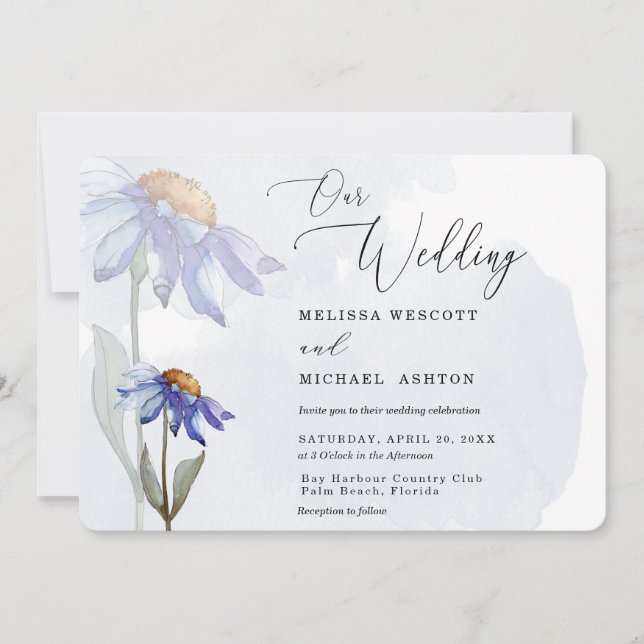 Modern Watercolor Purple Gerbera Daisy Wedding Invitation (Front)