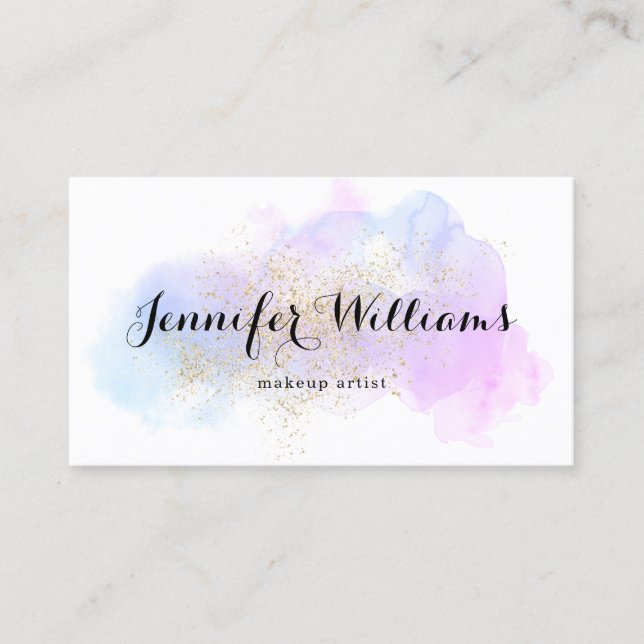 Modern Watercolor Purple Gold Makeup Artist Business Card (Front)
