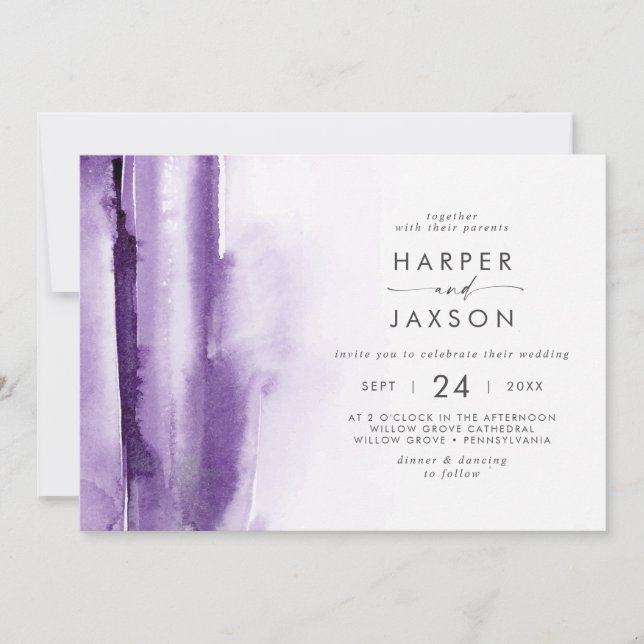 Modern Watercolor | Purple Horizontal Wedding Invitation (Front)