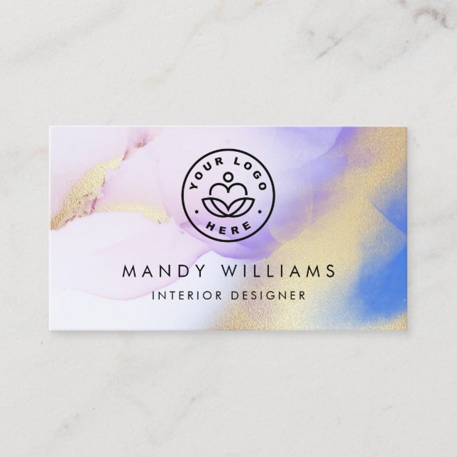 Modern Watercolor Purple Ink Gold Abstract Marble Business Card (Front)