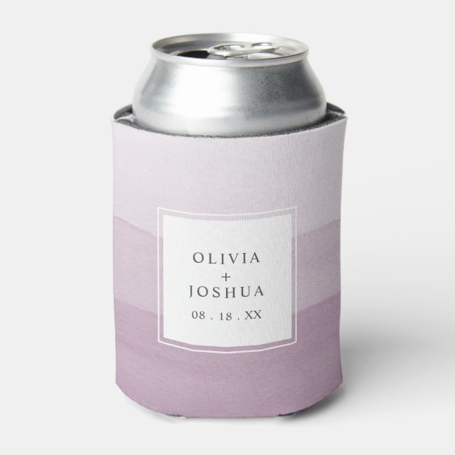 Modern Watercolor Purple Ombre Wedding Can Cooler (Can Front)