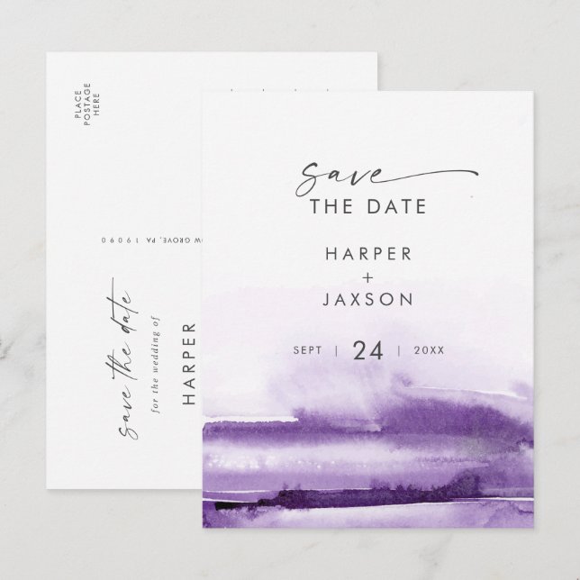 Modern Watercolor | Purple Save the Date Invitation Postcard (Front/Back)