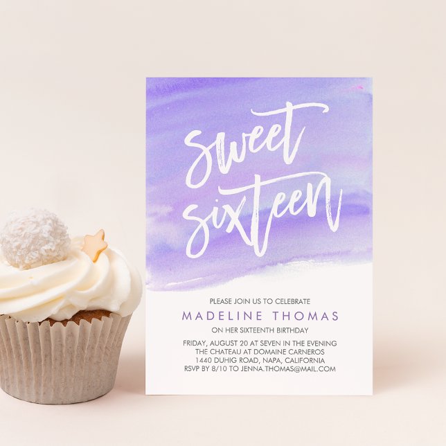 Modern Watercolor Purple Sweet Sixteen Invitation (Creator Uploaded)