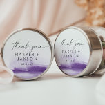 Modern Watercolor | Purple Thank You Wedding Favou Classic Round Sticker<br><div class="desc">These modern watercolor purple thank you wedding favour stickers are perfect for a stylish contemporary wedding reception. The minimalist, classic and elegant design collection features simple water colour paint brush strokes in pretty jewel tones. Personalise the sticker labels with your names, the event (if applicable), and the date. These stickers...</div>