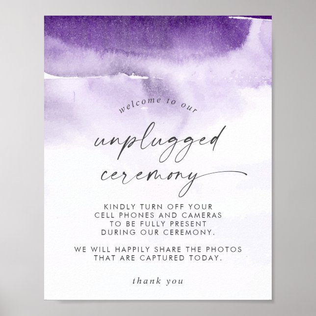 Modern Watercolor | Purple Unplugged Ceremony Sign (Front)