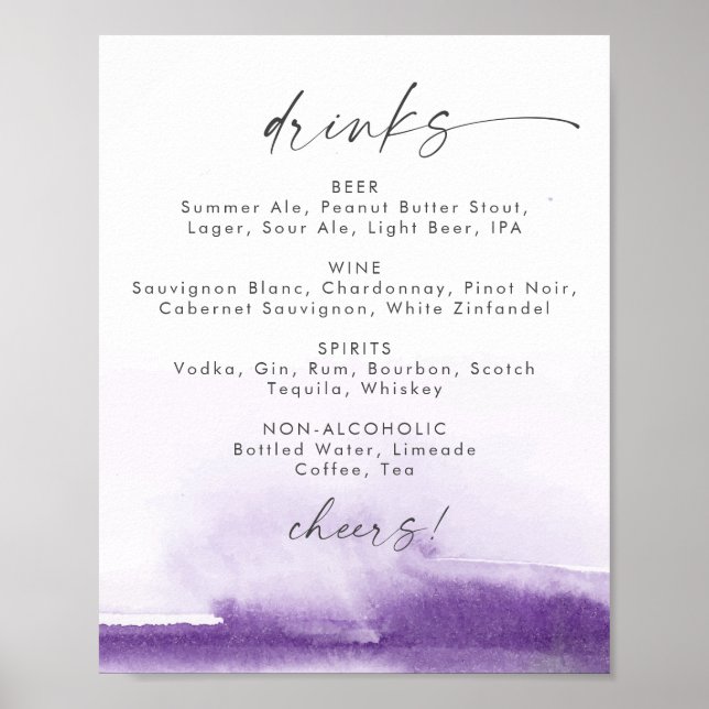 Modern Watercolor Purple Wedding Drinks Menu Sign (Front)