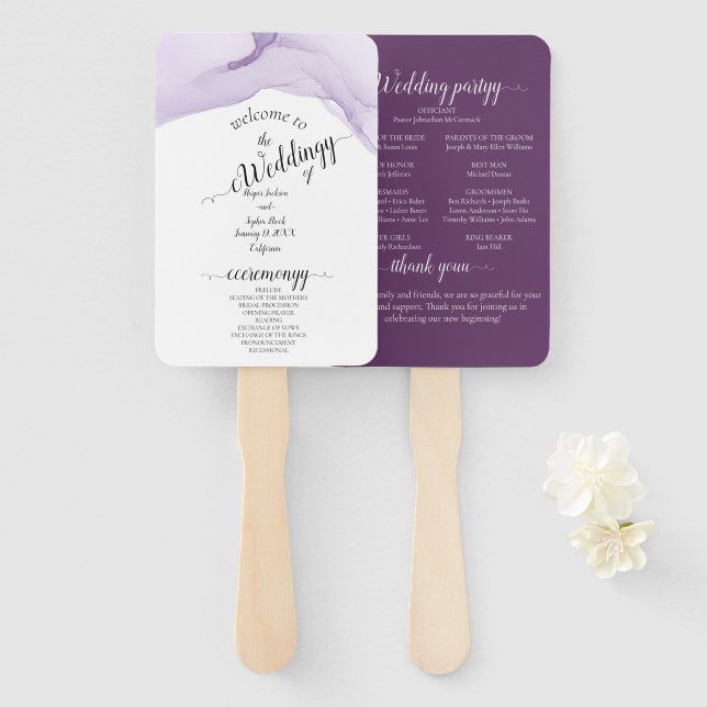 Modern Watercolor Purple Wedding Hand Fan (Front and Back)