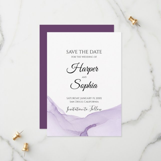 Modern Watercolor Purple Wedding Save The Date (Front/Back In Situ)