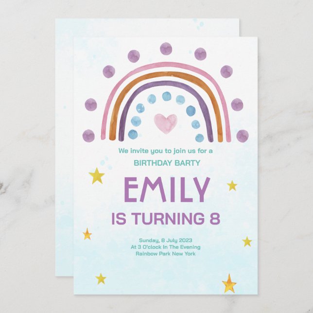 Modern Watercolor Rainbow Heart Birthday  Invitation (Front/Back)