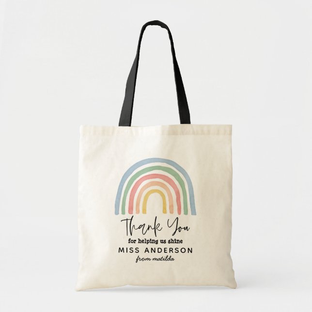 Modern watercolor rainbow teacher thank you gift t tote bag (Front)