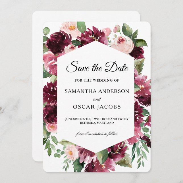 Modern Watercolor Red Floral Frame  Save The Date (Front/Back)