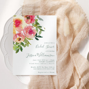 Modern Watercolor Red Pink Floral Bridal Shower Invitation