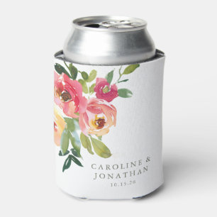 Modern Watercolor Red Pink Floral Wedding Custom Can Cooler