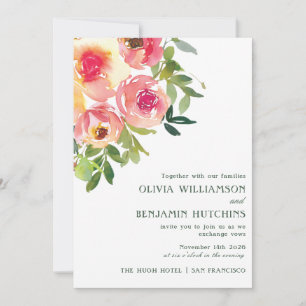 Modern Watercolor Red Pink Floral Wedding  Invitation