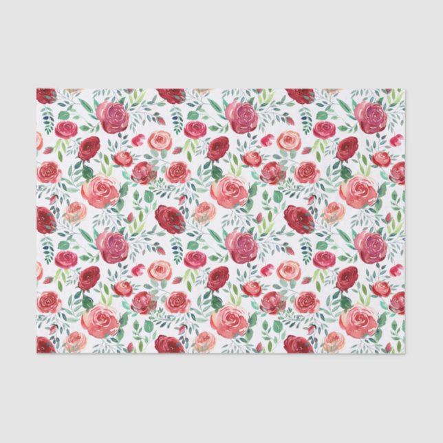 Modern Watercolor Red Roses Patterned Tissue Paper (Front)