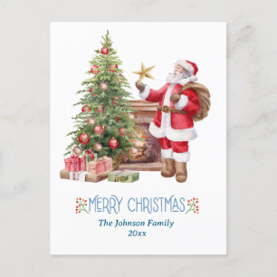 modern watercolor red santa with a tree christmas postcard