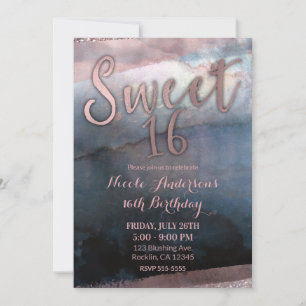 Modern Watercolor Rose Gold & Blue Sweet 16 Party Invitation
