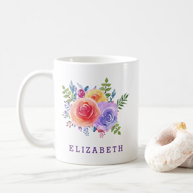Modern Watercolor Roses Floral Bouquet Coffee Mug (With Donut)