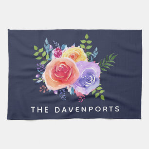 Modern Watercolor Roses Floral Bouquet Tea Towel