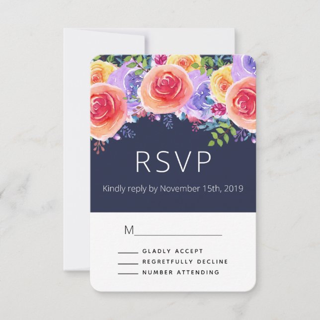 Modern Watercolor Roses Floral Bouquet Weddin RSVP Card (Front)