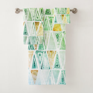 Modern Watercolor Sage Gold Tribal Triangles Bath Towel Set