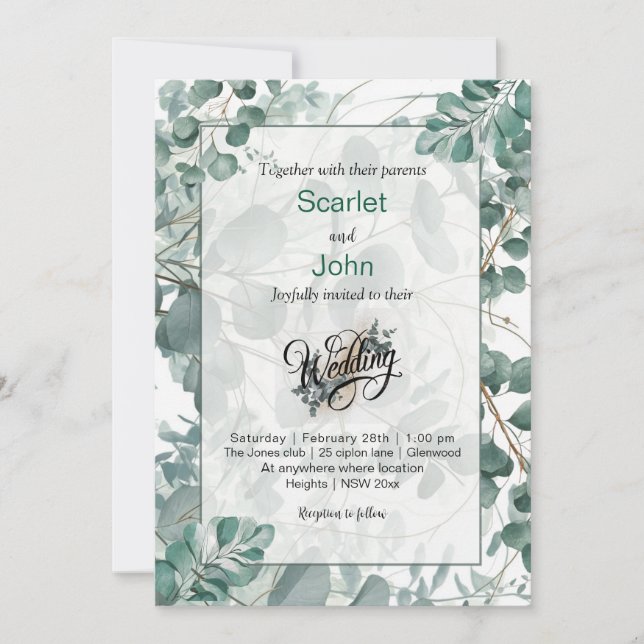 Modern watercolor sage green eucalyptus wedding invitation (Front)