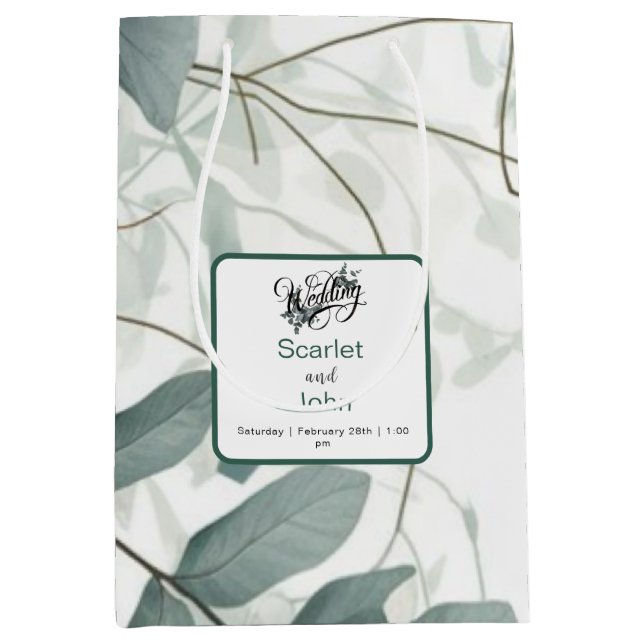 Modern watercolor sage green eucalyptus wedding  medium gift bag (Front)