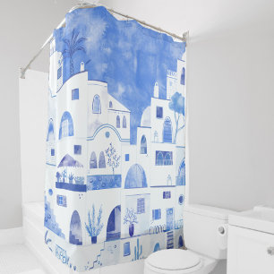 Modern Watercolor Santorini Greek Island Shower Curtain