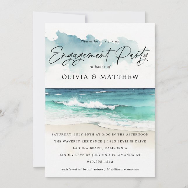 Modern Watercolor Script Beach Engagement Party  Invitation (Front)