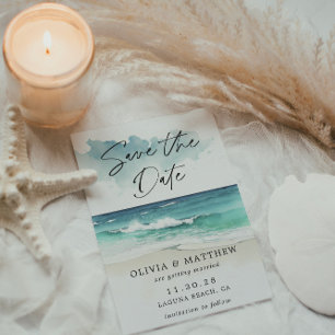 Modern Watercolor Script Ocean Beach QR code  Save The Date