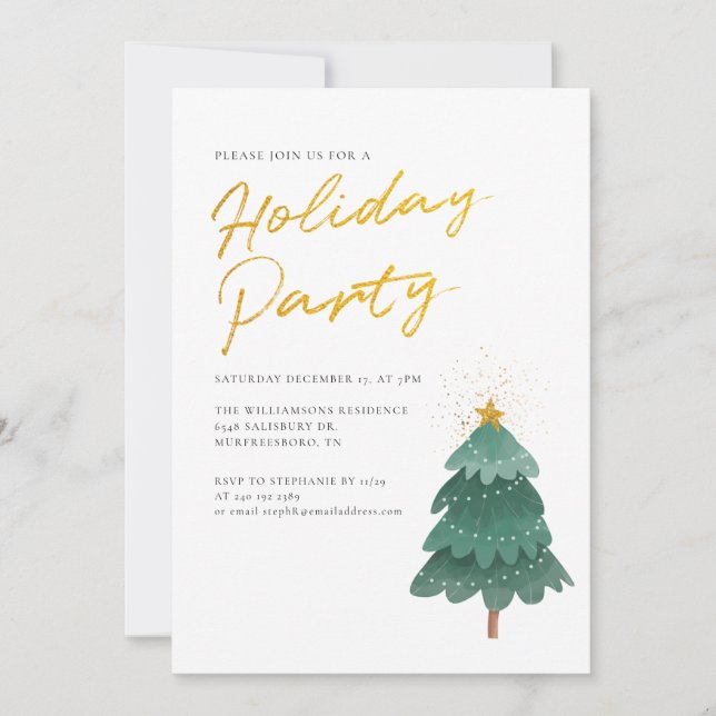 Modern Watercolor Script Tree Christmas Party Invitation (Front)